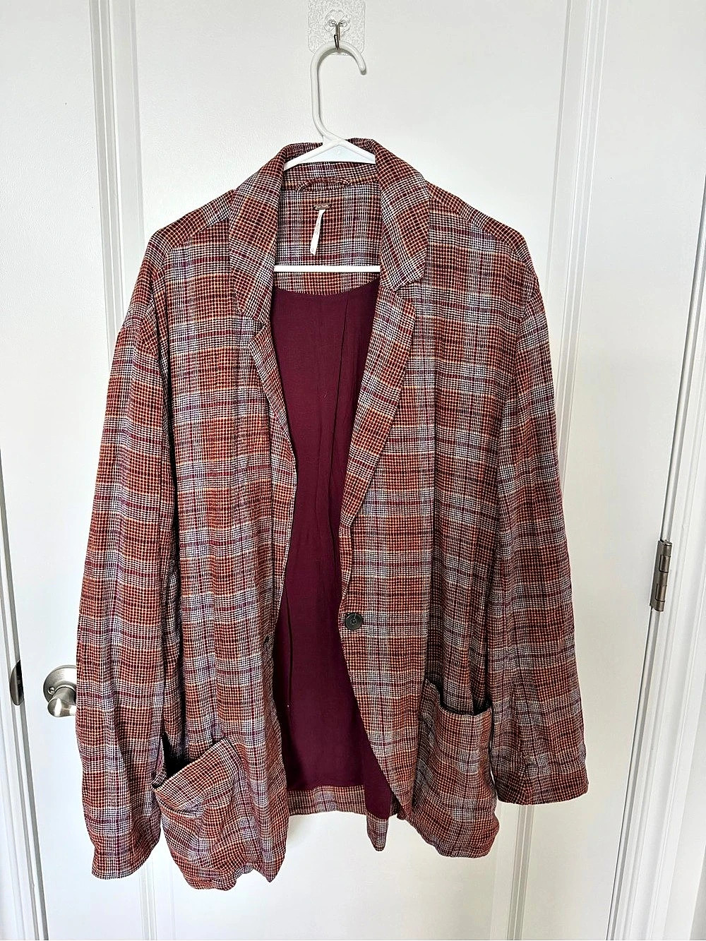 Free People Plaid Linen Blend Blazer in Brown & Red